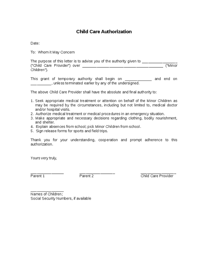 Sample Of Child Care Authorization Letter Template