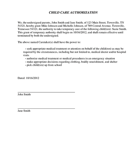 Child Care Authorization Letter Template