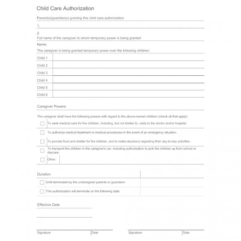 Sample of Child Care Authorization Letter Template