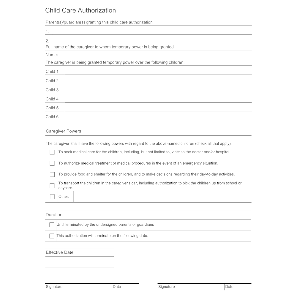 Child Care Authorization Form Template