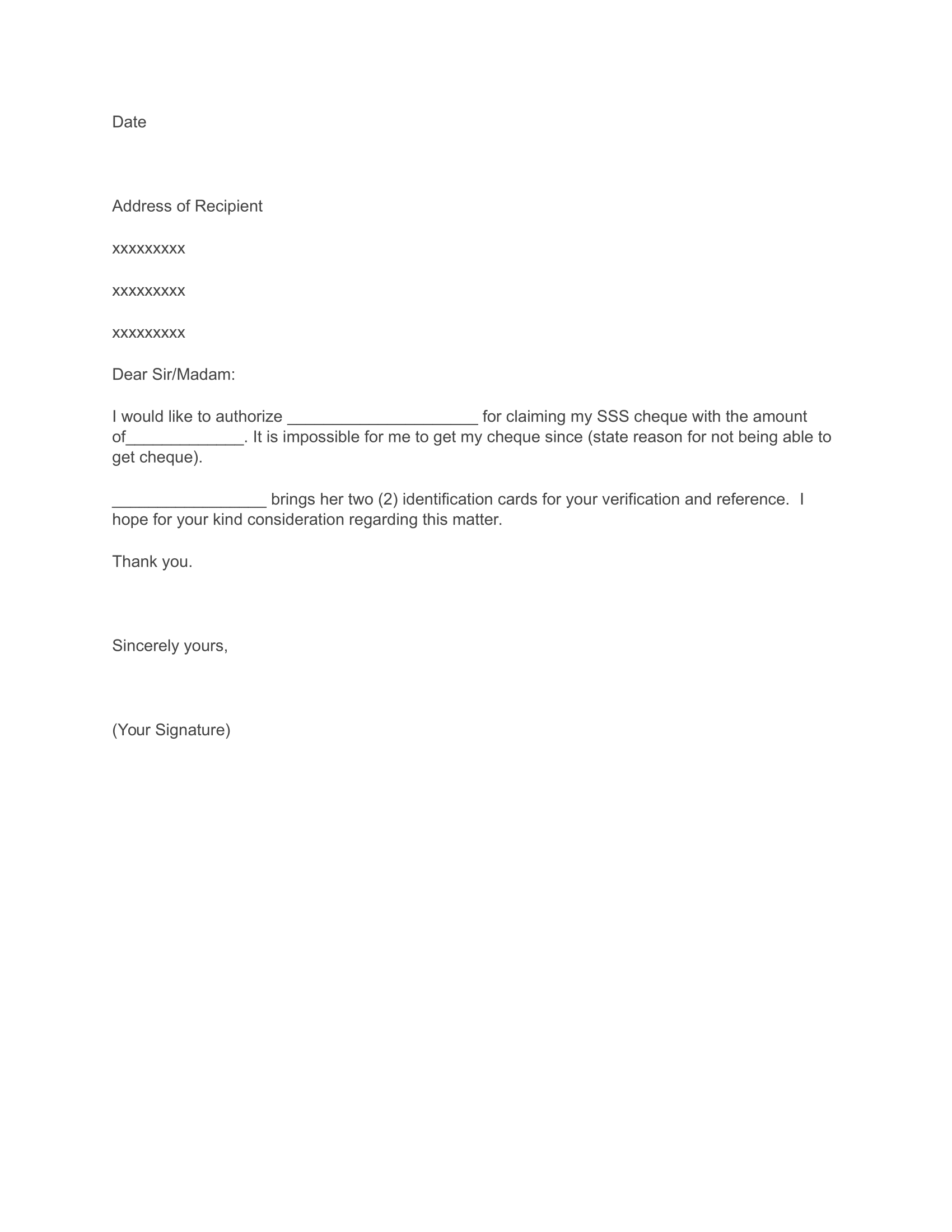 Free Sample Authorization Letter For SSS Template