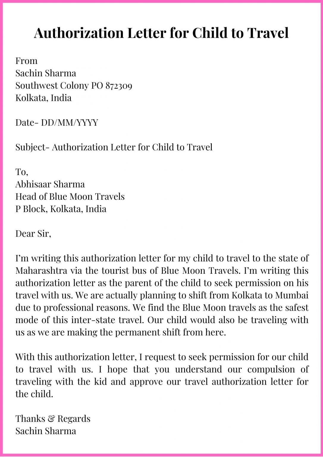 travel letters for minors