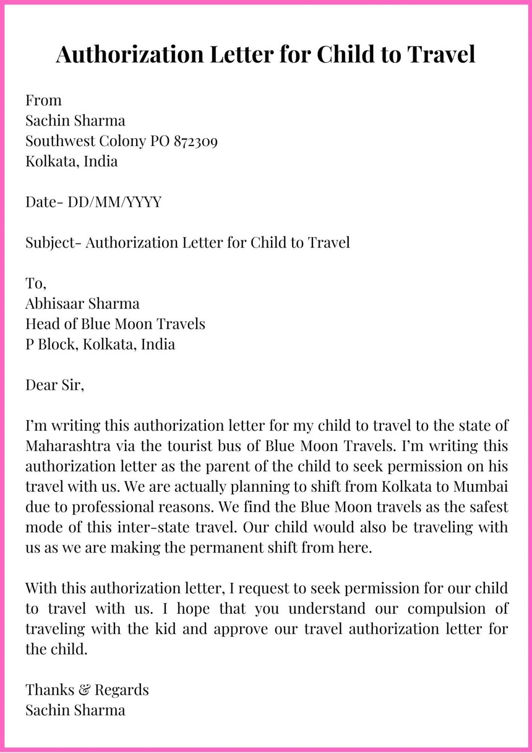 Sample Authorization Letter for Child to Travel with Example