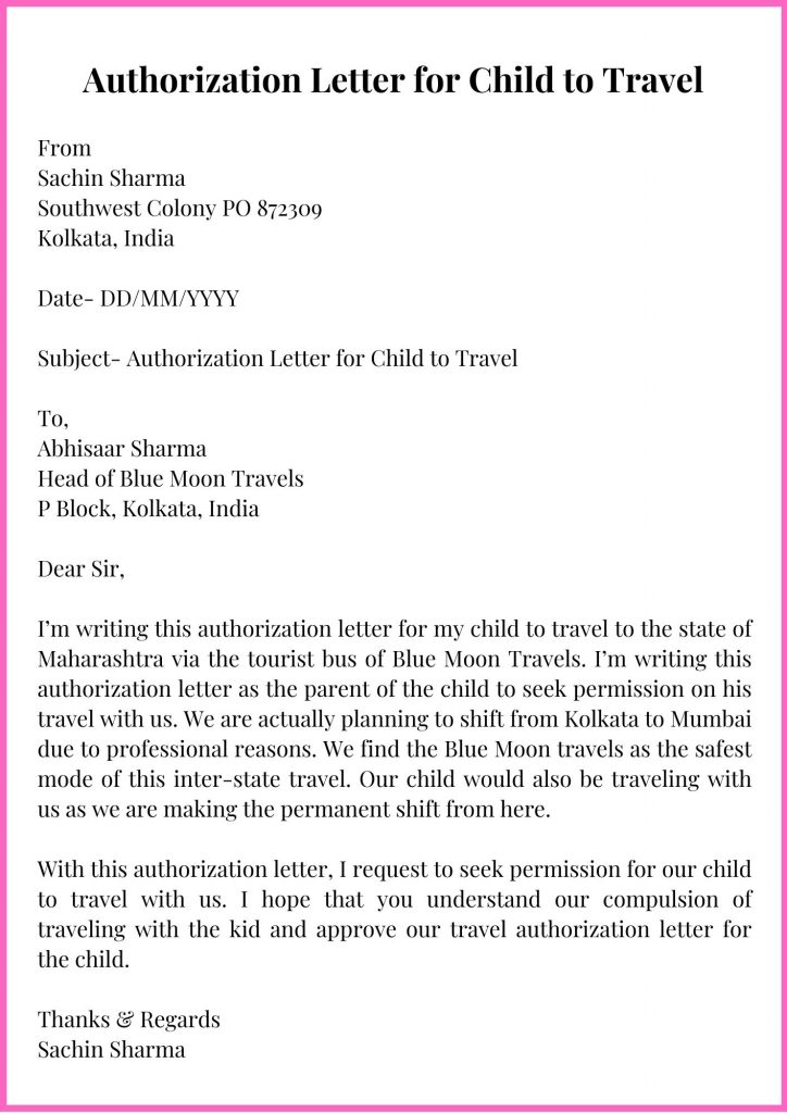 Authorization Letter for Child to Travel Template