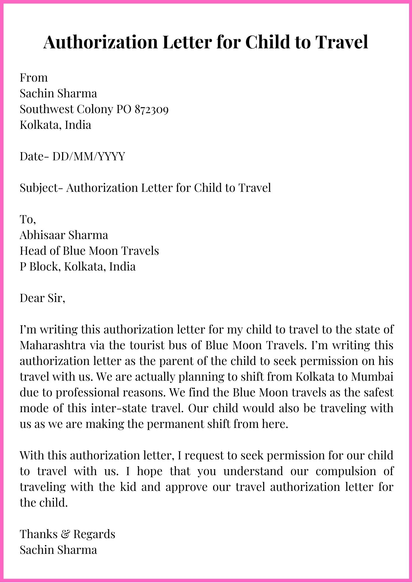 sample letter travel with child permission