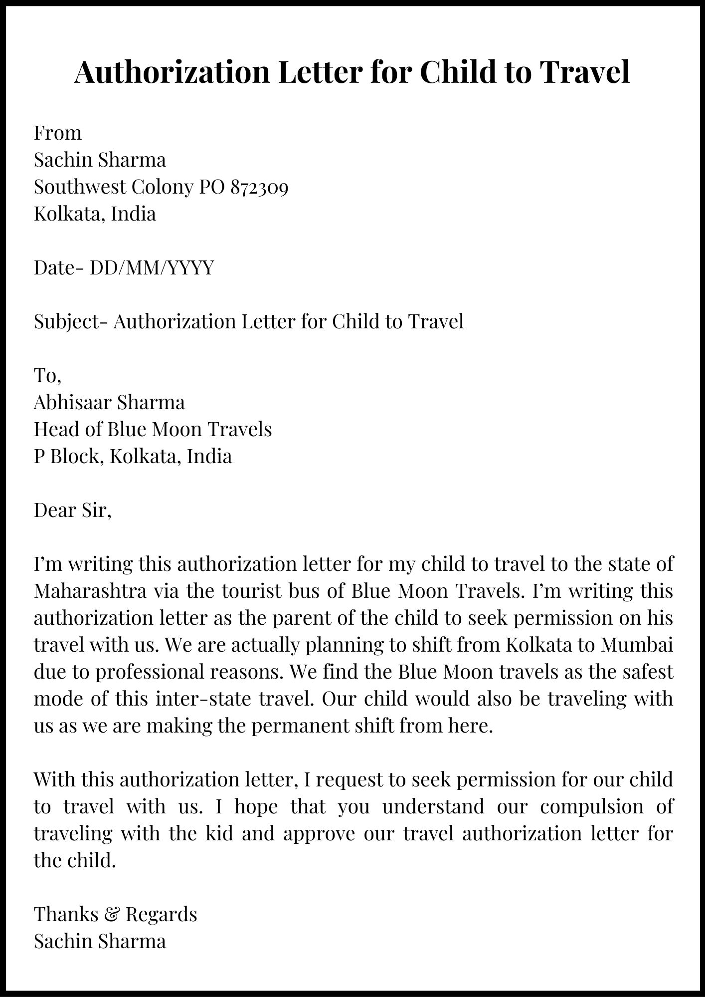 sample travel permission letter for child
