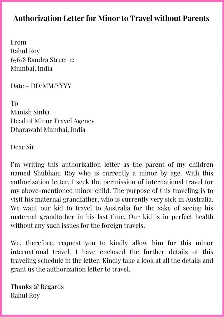 minor travel authorization letter sample