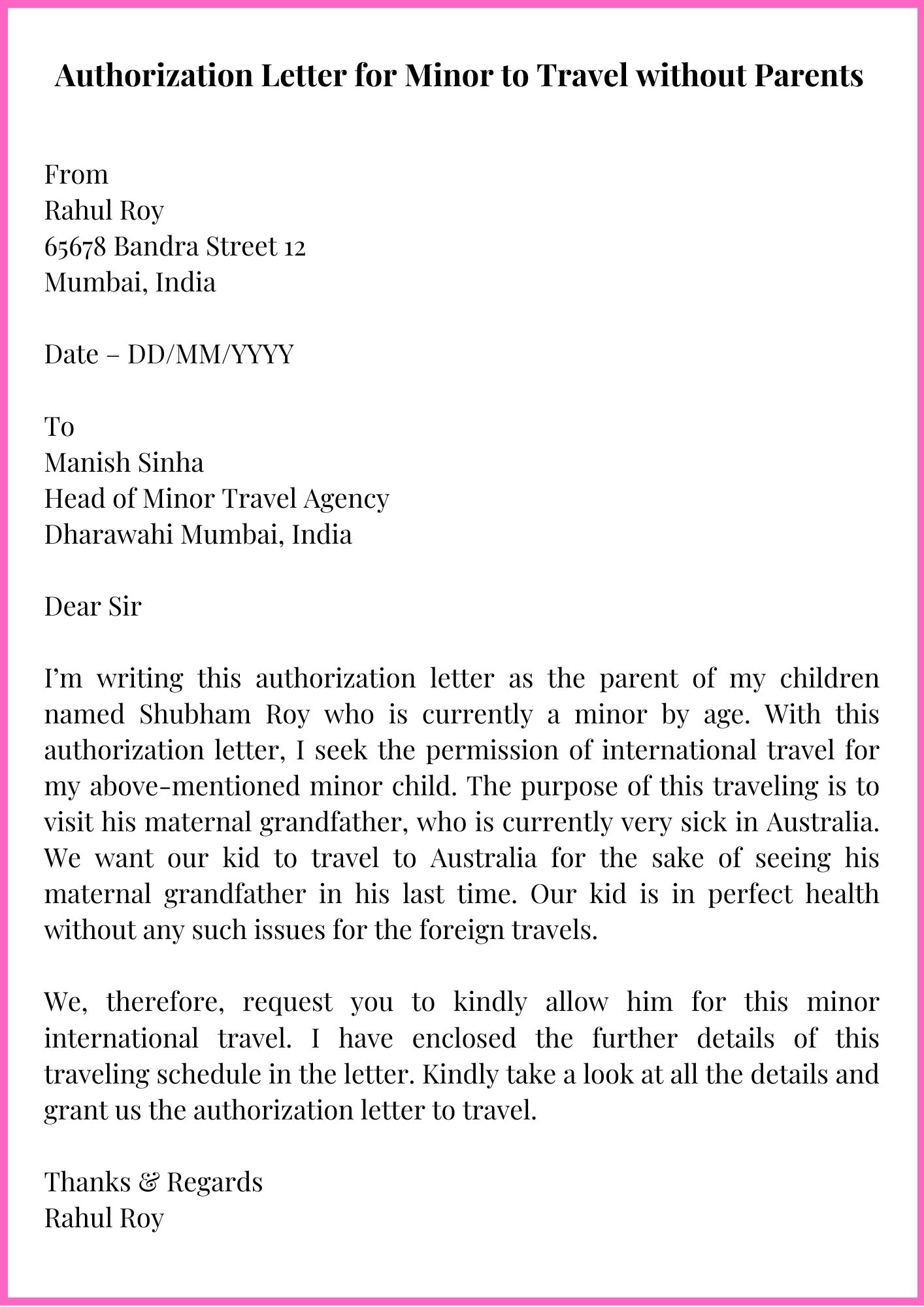travel letter for minor child template