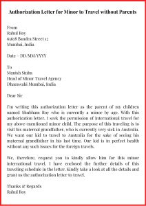 Authorization Letter for Minor to Travel without Parents