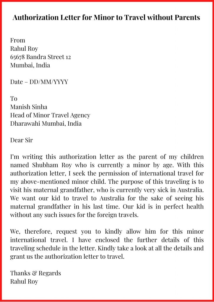 Authorization Letter for Minor to Travel without Parents