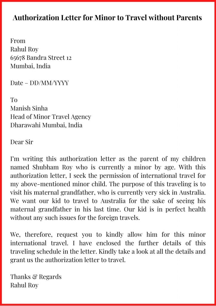 Authorization Letter For Minor To Travel Without Parents