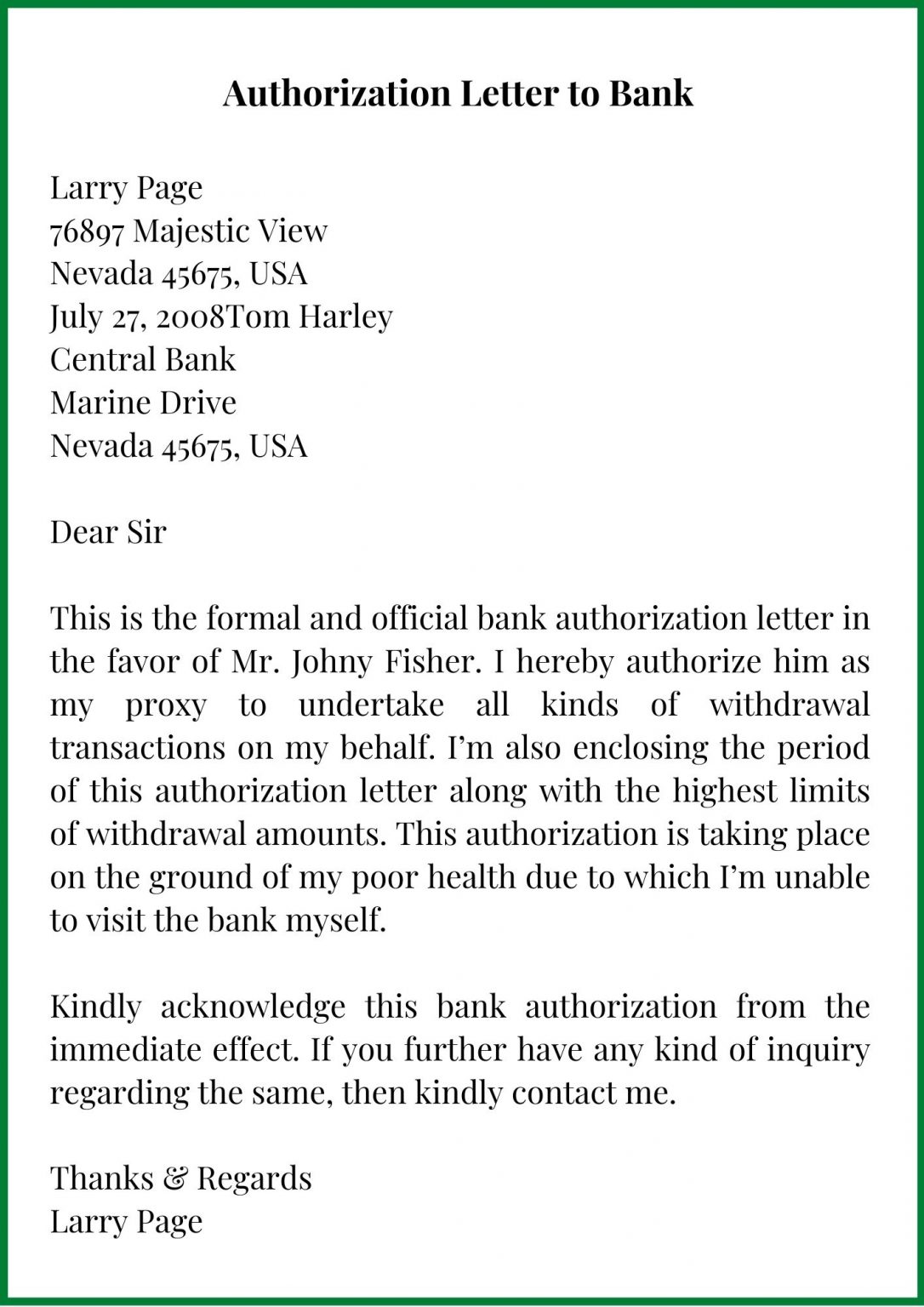 Sample Authorization Letter To Bank With Examples