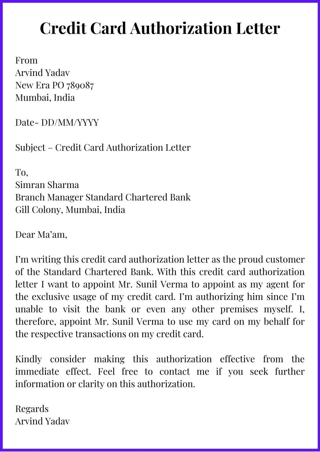 Sample Credit Card Authorization Letter Template Example 2064