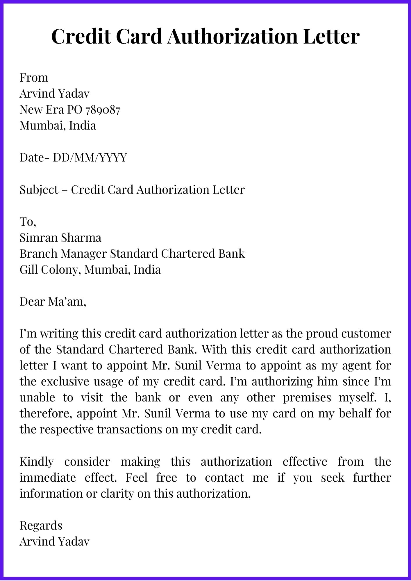 Sample Authorization Letter To Receive Credit Card
