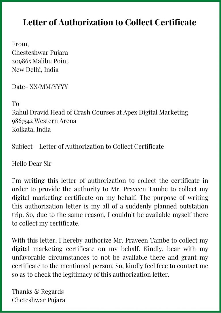 Sample Letter of Authorization to Collect Certificate