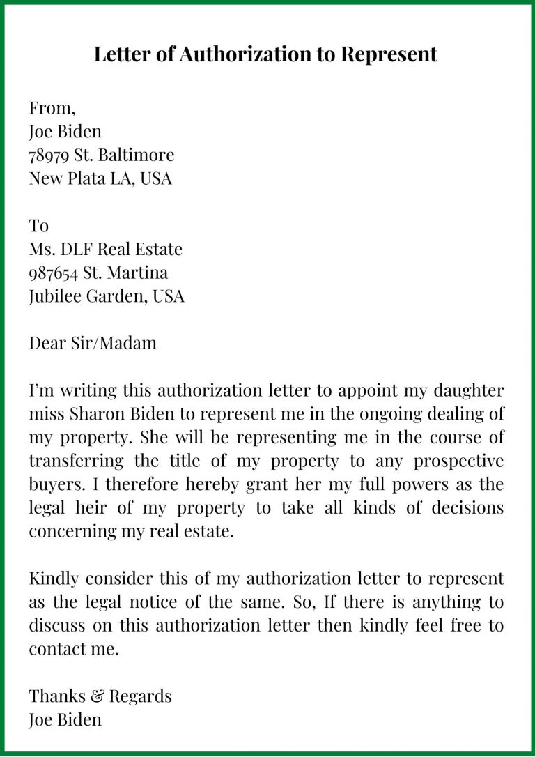 Sample Letter of Authorization to Represent Template