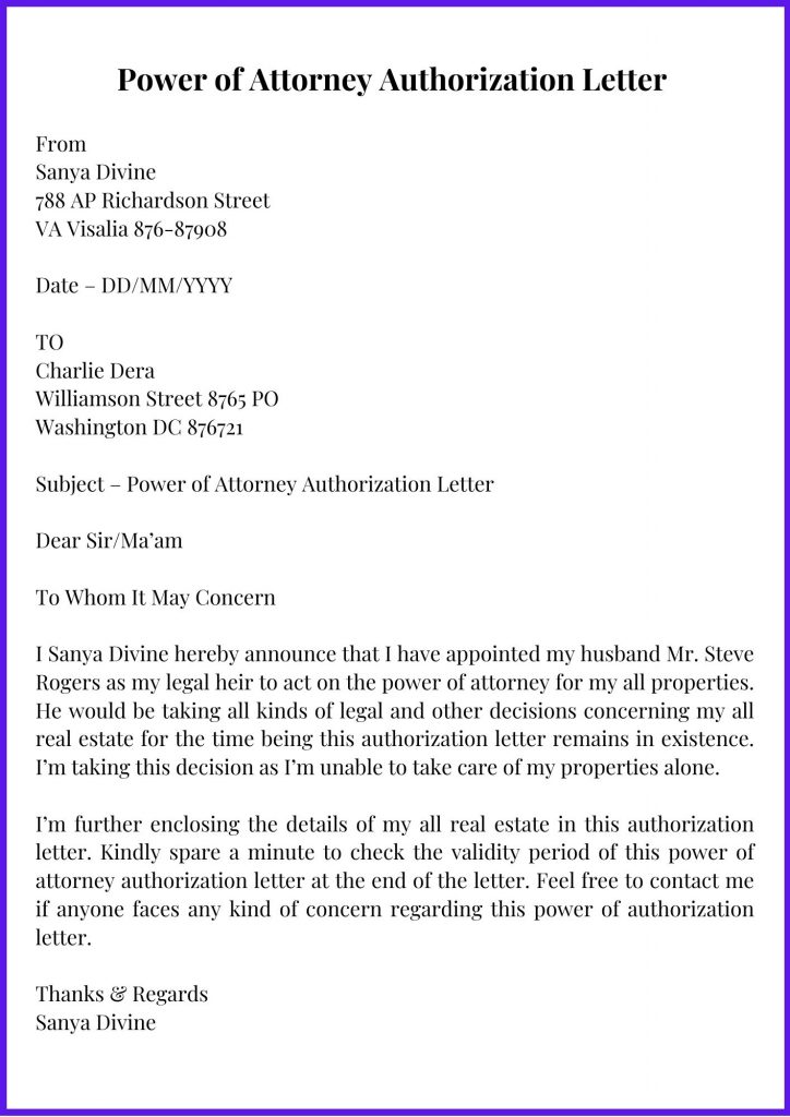 Sample Power Of Attorney Authorization Letter Template