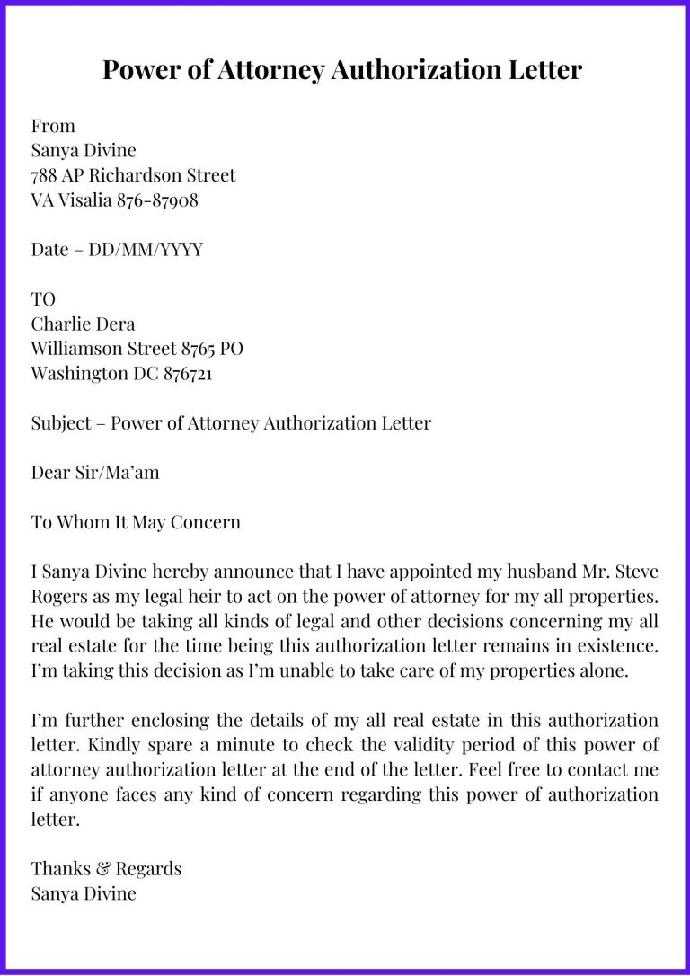Sample Power of Attorney Authorization Letter Template - Authorization