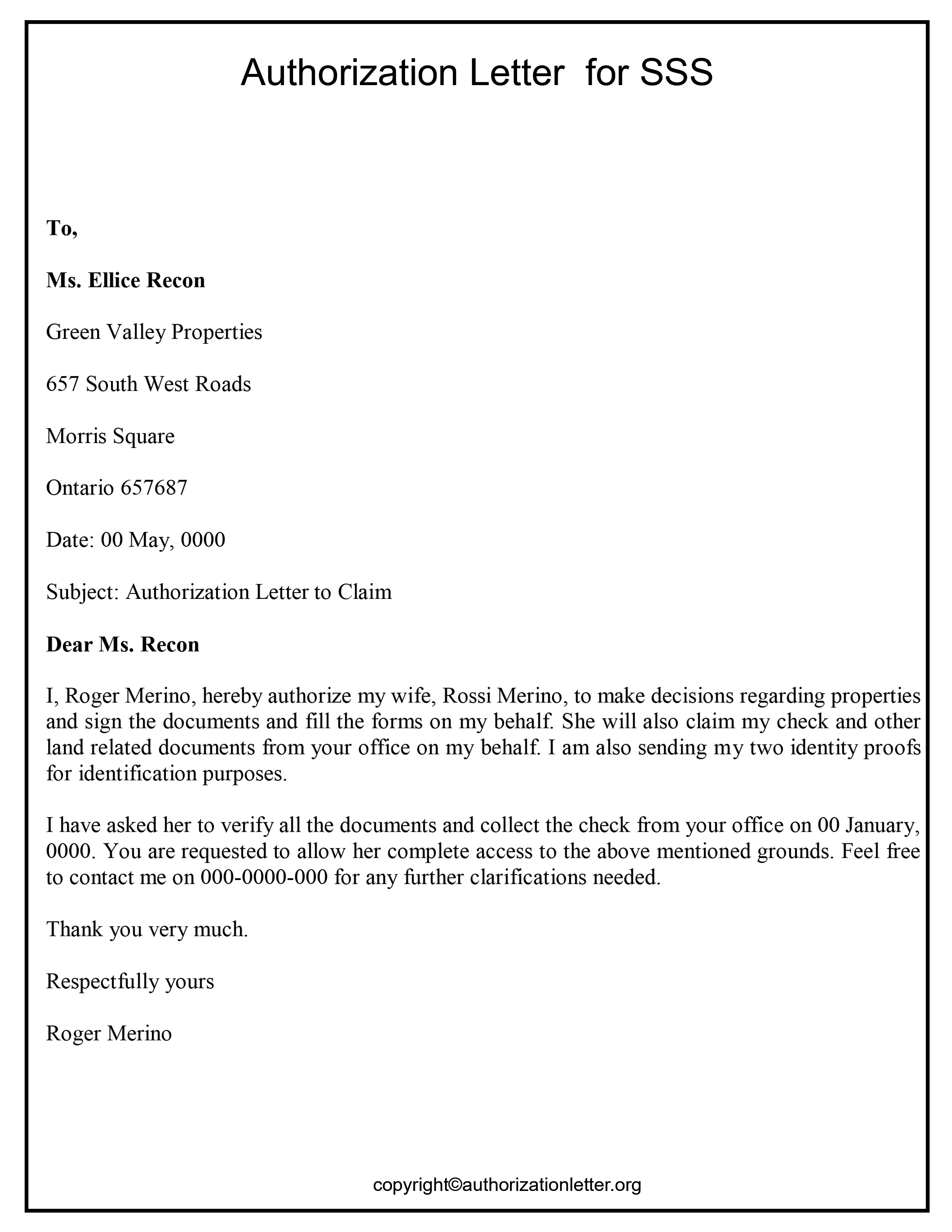 Authorization Letter Format for SSS