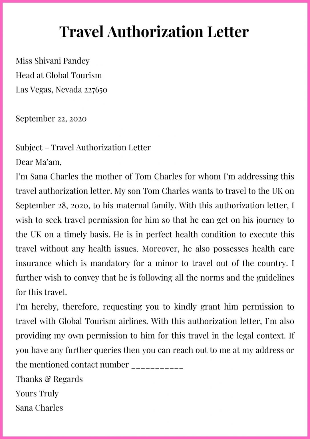 travel letter format
