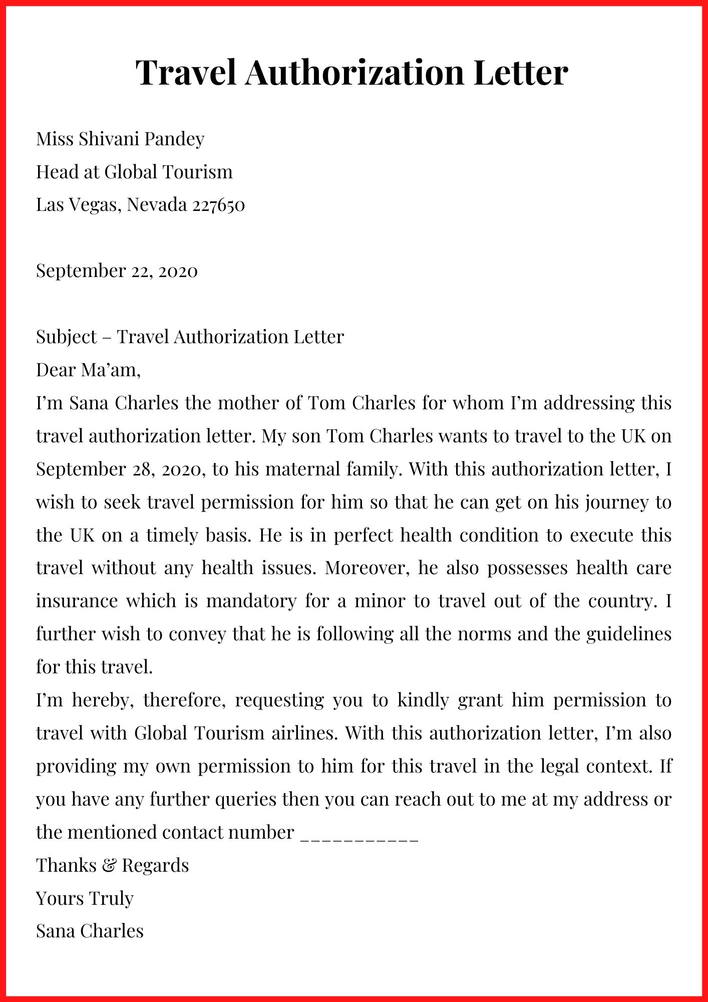 travel letter authorization