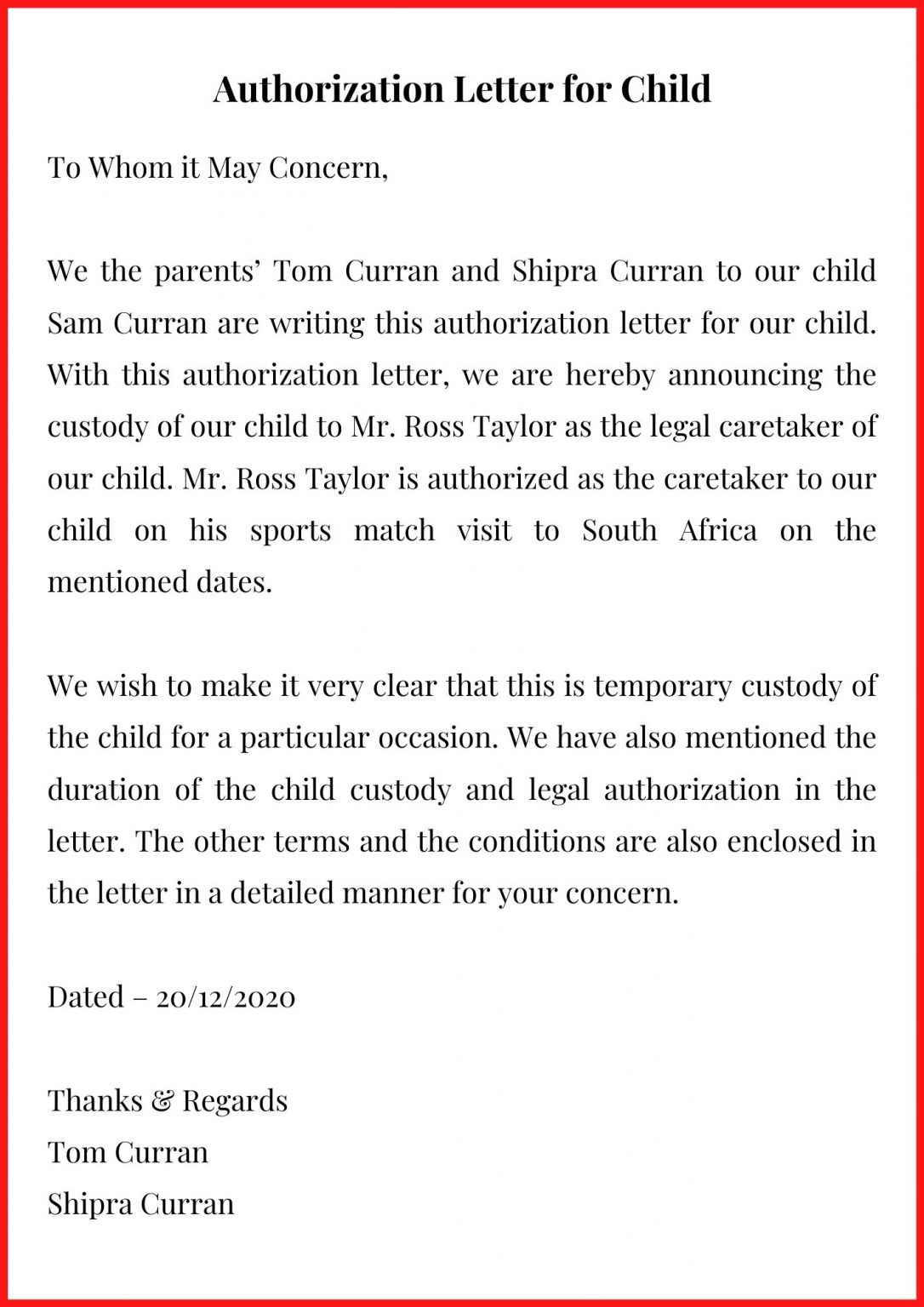 Authorization Letter For Child Child Care Authorization Letter