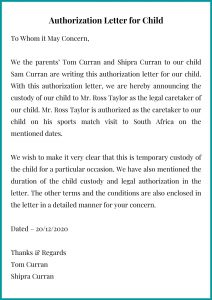 Authorization Letter for Child | Child Care Authorization Letter