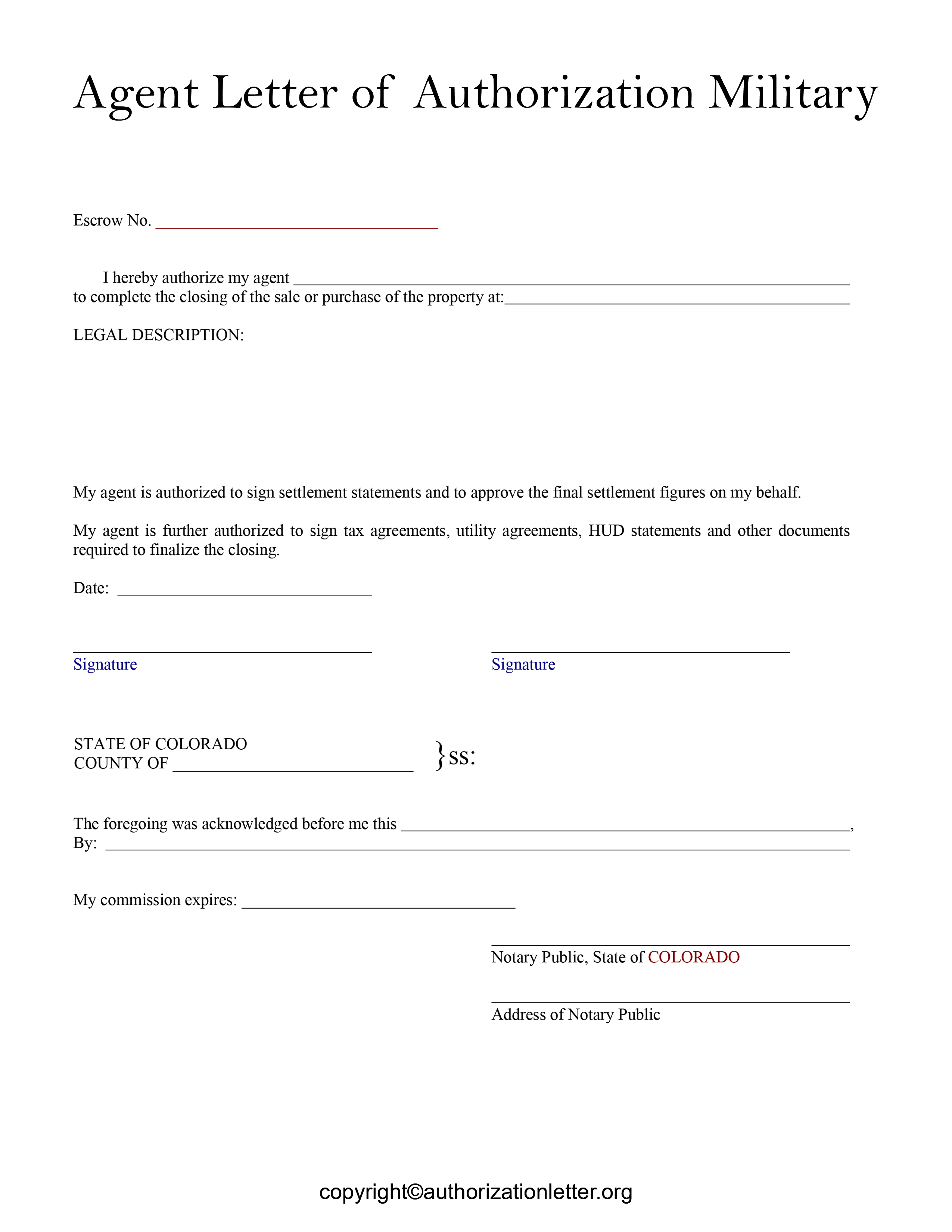 Free Agent Letter of Authorization Military Sample in PDF