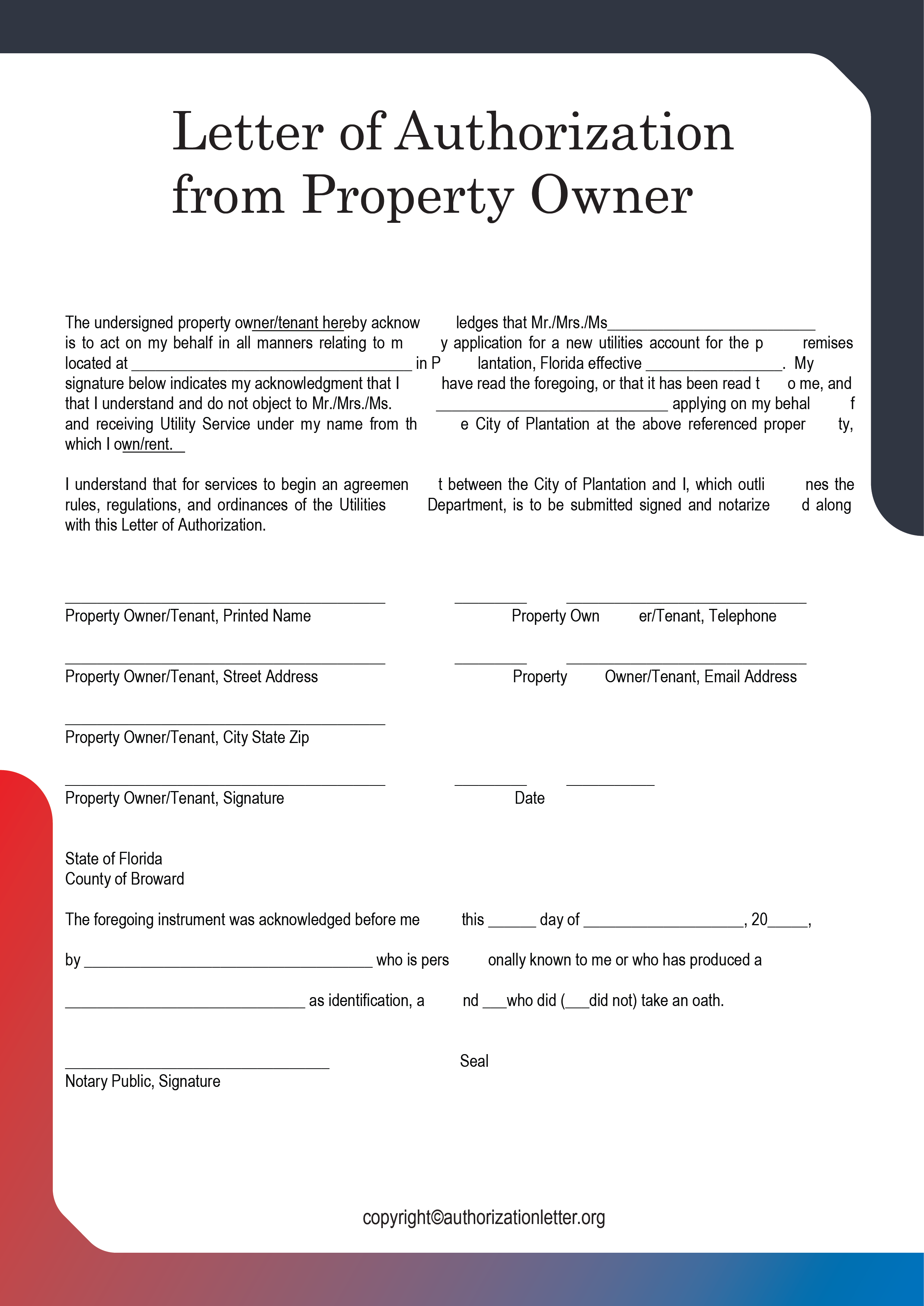 Free Property Owner Authorization Letter Template in PDF