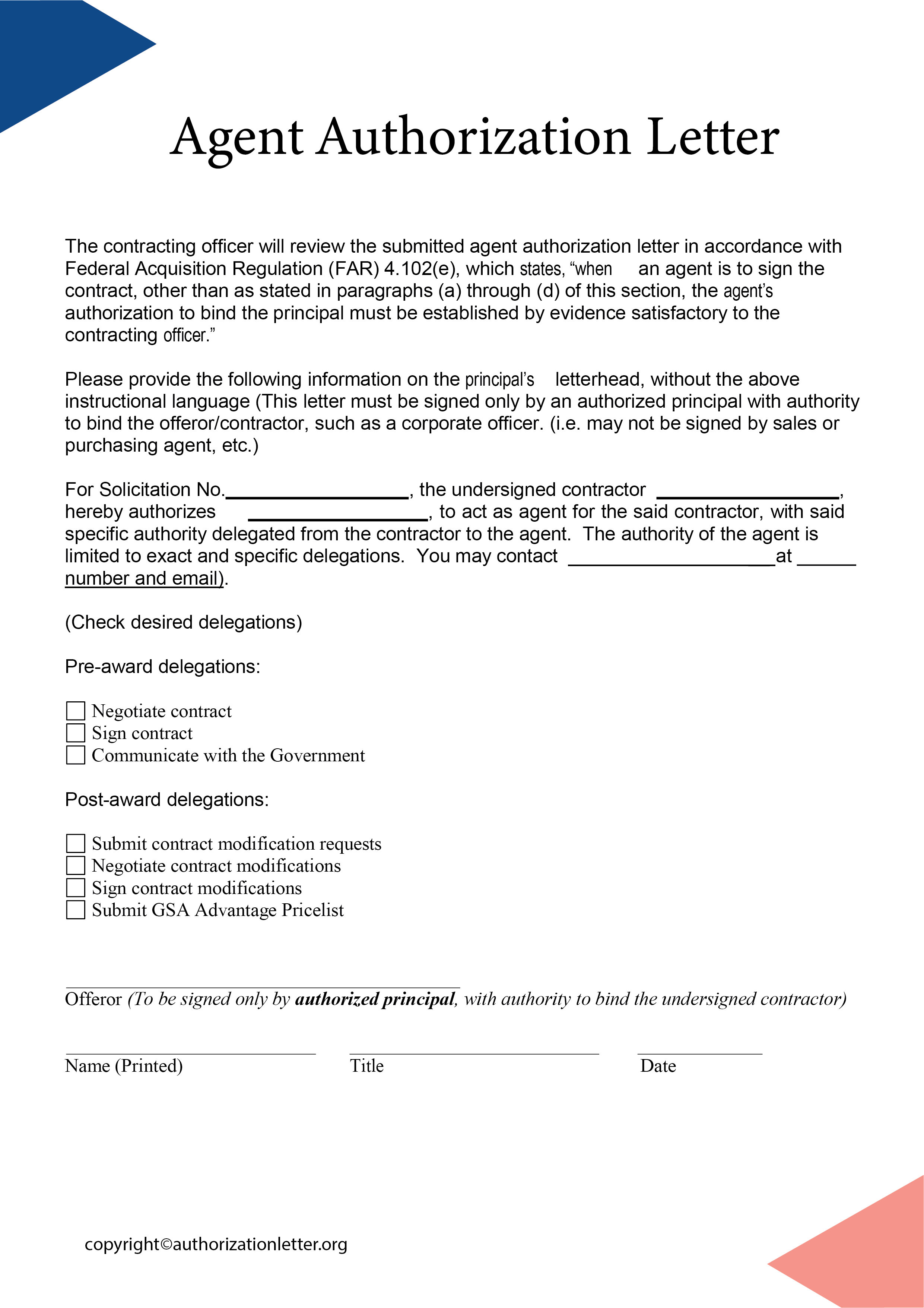 Printable Authorized Agent Letter Template