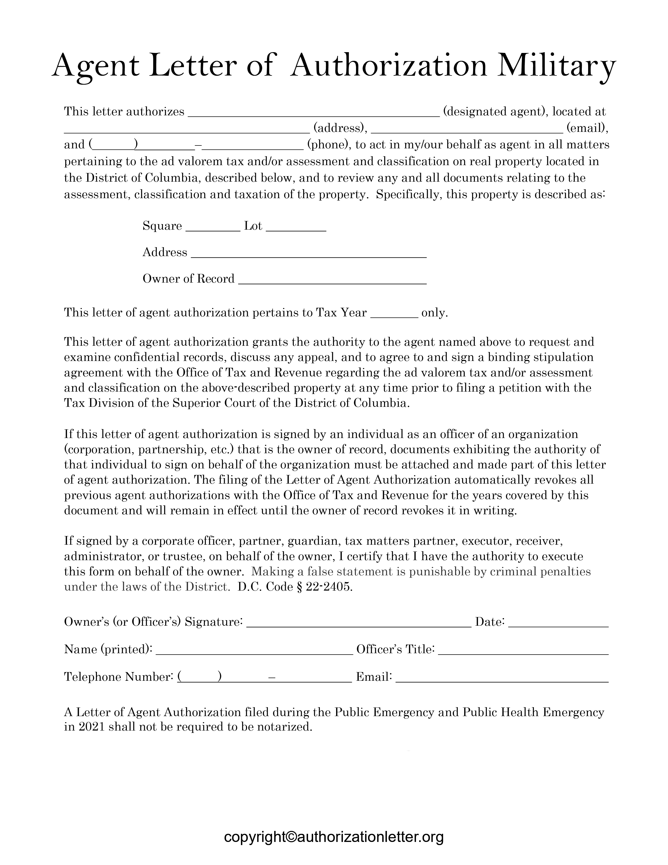 Printable Military Agent Letter of Authorization