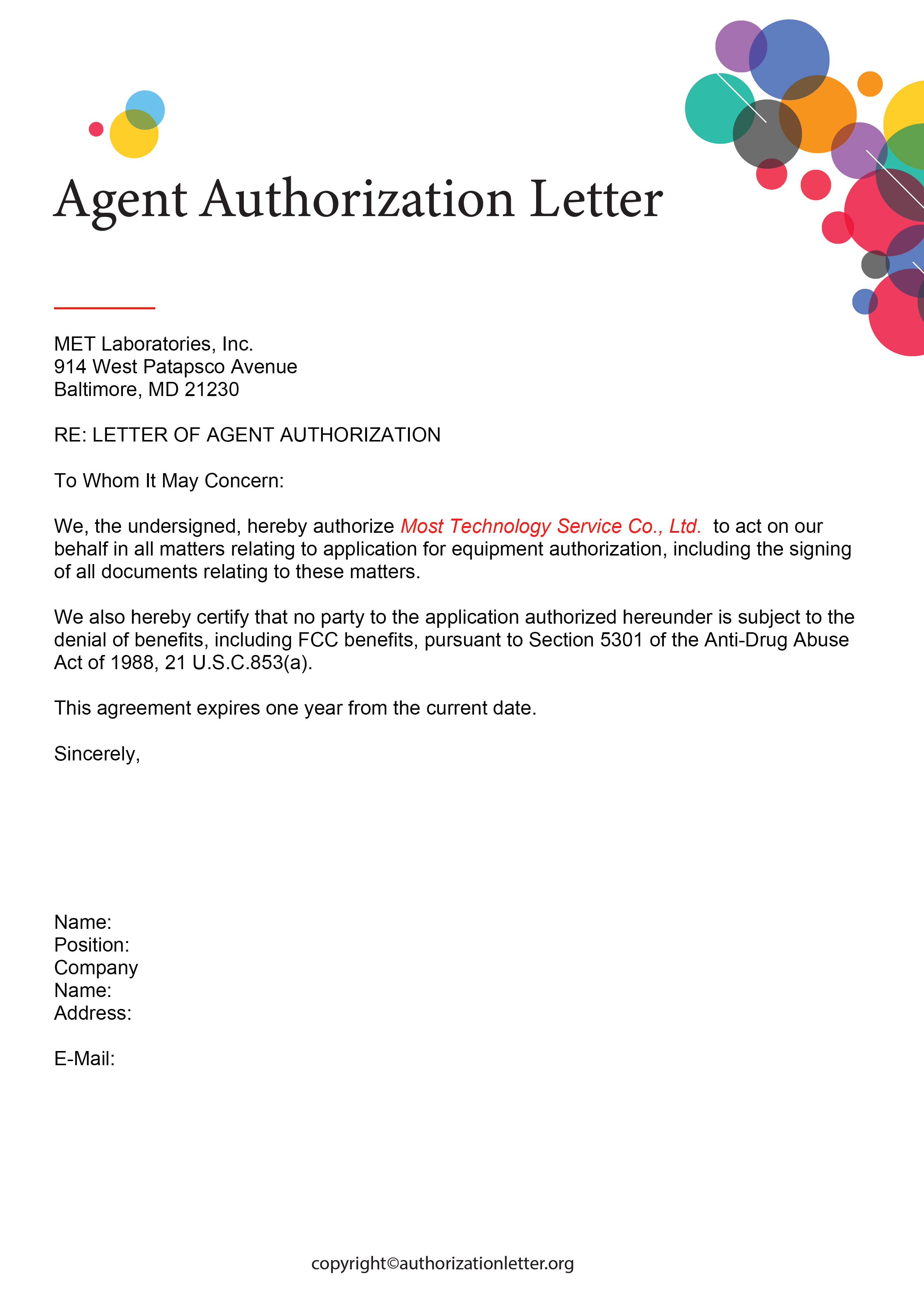 Sample Agent Authorization Letter