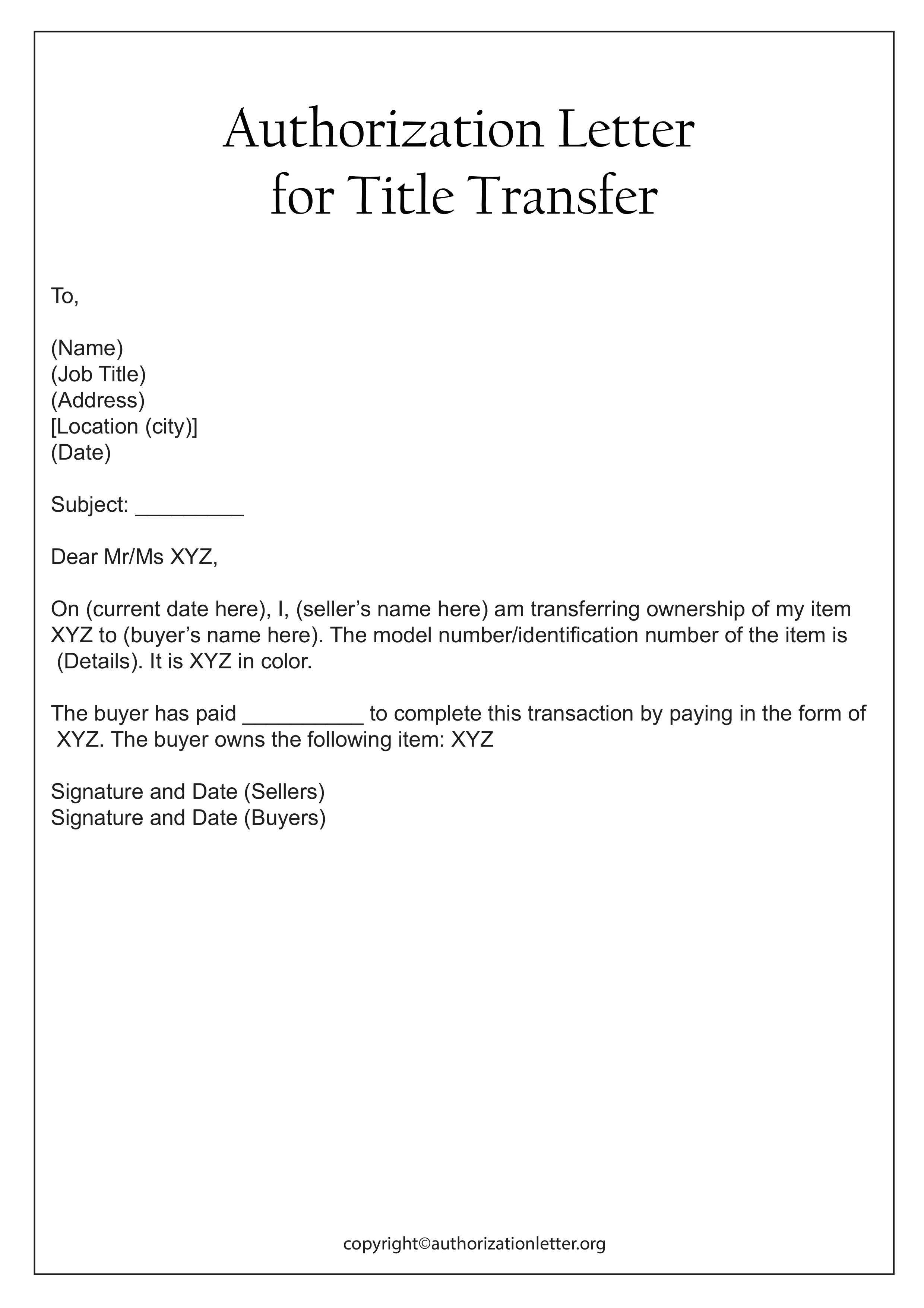 Sample Authorization Letter for Title Transfer